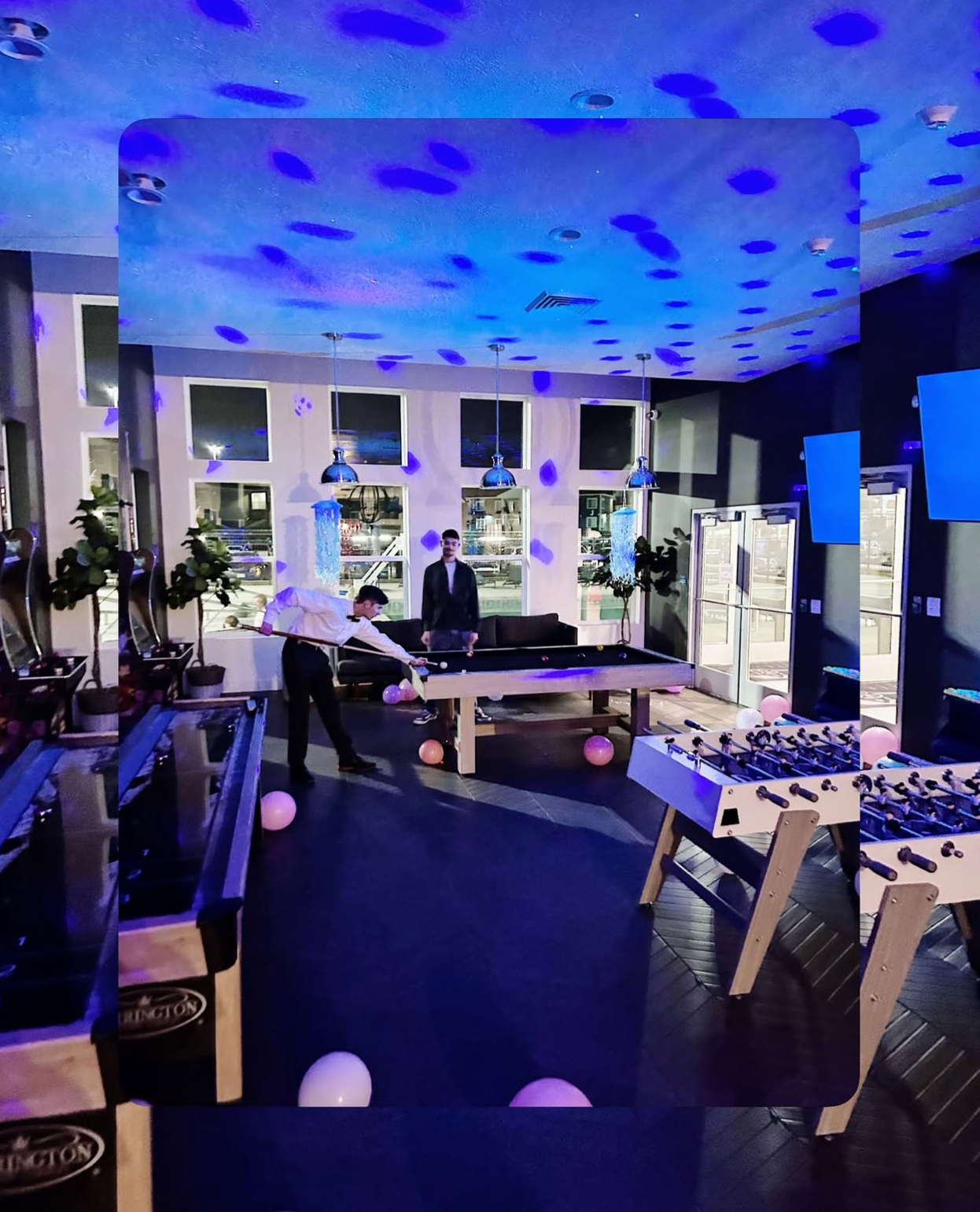UT.GMFU party setup with pool tables and lighting